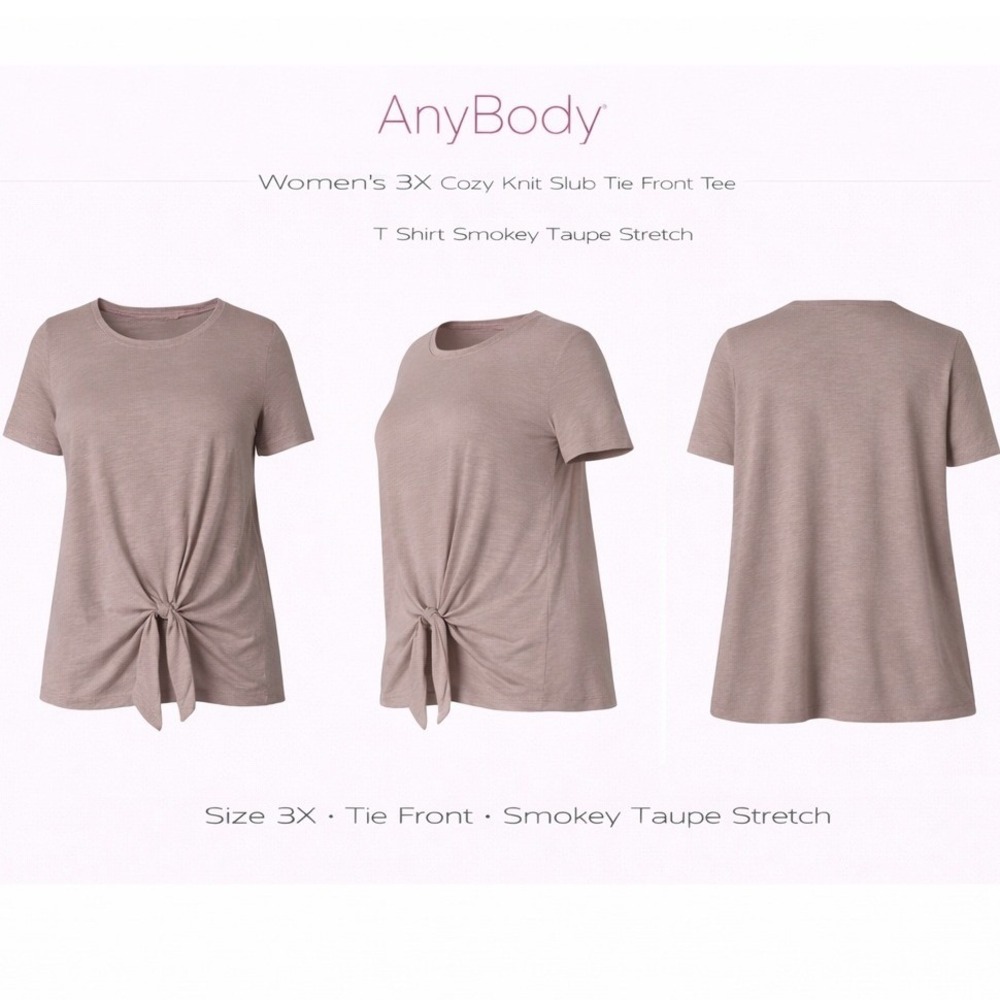 AnyBody Cozy Knit Slub‎ Tie Front Tee Smokey Taupe Short Sleeve Plus Size 3X